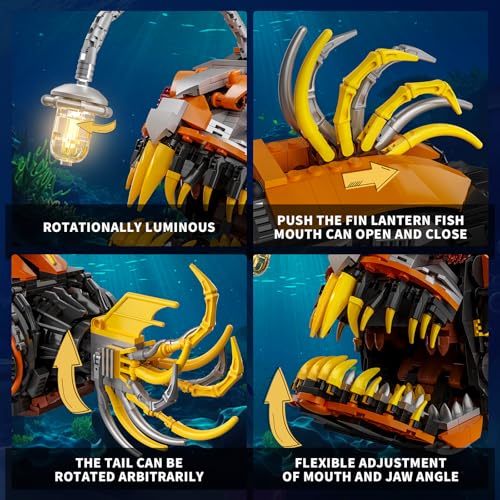 Mechanical Angler Fish Building Set with Light, Creative Ocean Lantern Fish Animal Toy for Home Office Decor, Compatible with Lego Shark, STEM Gift for Adults Teens Boys 8-14+ (1022 PCS) - color: Yellow
