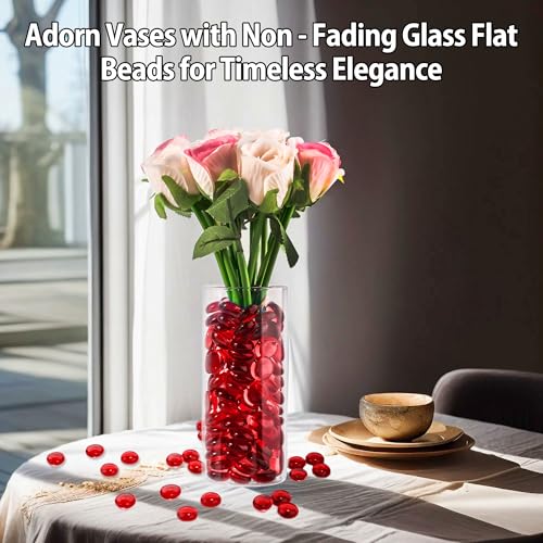 1LB Red Glass Marbles, Transparent and Smooth Flat Glass Beads for Vases, Mosaic Gem Pebbles for Aquarium Decor, Floral Arrangements, Mancala Stones, Vase Filler and Crafts (Approx. 80-100 PCS) - color: Red