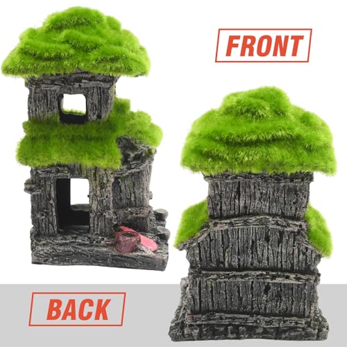 Hoypeyfiy Aquarium Decor Fish House with Simulated Moss, Double Layer Fish Hideout Ornament for Tropical Fish Tanks, Realistic Aquarium Cave Decoration Includes 2 Artificial Plants
