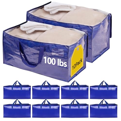 10 Pack Waterproof Moving Bags with Strong Zippers and Reinforced Handles, Real 100lb Capacity Extra Heavy Duty Large Storage Totes for Packing & Moving Storing, Alternative to Moving Boxes -95L,Blue - color: Blue, size: 10 Pack