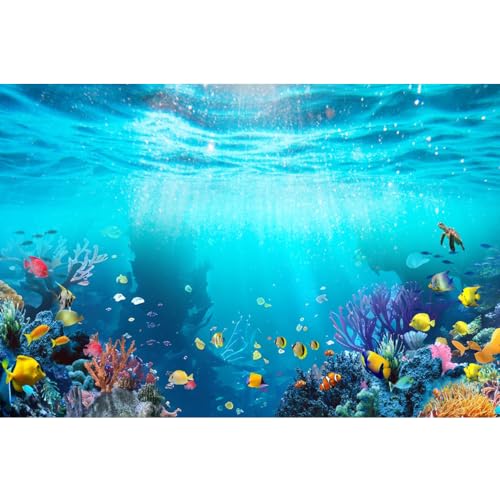 Under The Sea Backdrop 9x6ft Underwater World Blue Ocean Deep Sea Sunlight Seabed Aquarium Photography Background Tropical Fish Turtle Coral Diving Birthday Party Photo Studio Props - color: Blue1, size: 9x6ft