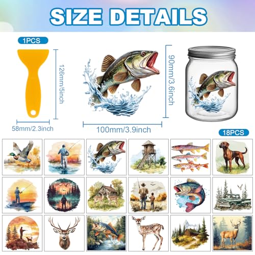 GLOBLELAND 18 Sheets Fishing Hunting Transfer Stickers 3.9x3.6inch Duck Hounds Transfer Decal Deer Bass Colorful Rub on Transfer for Furniture Vase Glass Art Crafts Decorations - style: Fishing