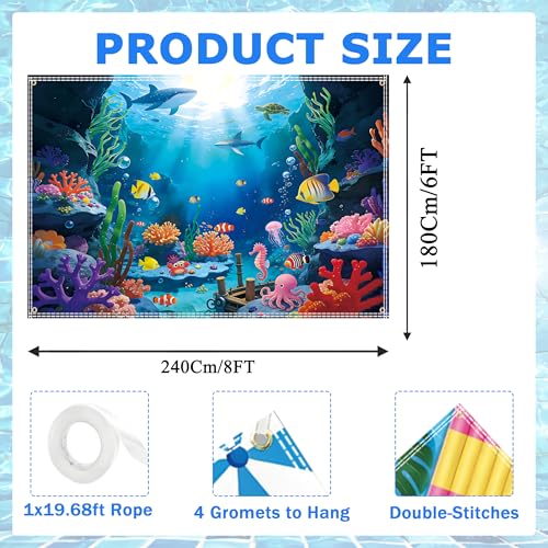 8x6Ft Under The Sea Backdrop Polyester Ocean Backdrop Under The Sea Themed Party Decorations for Girls Boys Birthday Party Photography Background Photo Booth Prop with Ribbon - color: Under The Sea, size: 8×6 ft