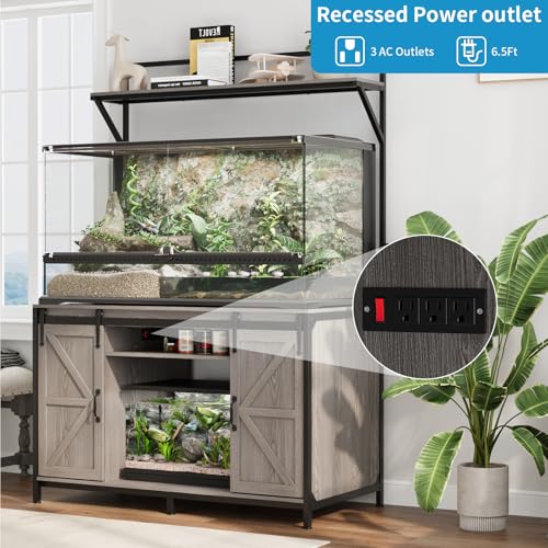 VOWNER Farmhouse Reptile Tank Stand with Power Outlet, 48" X 24" Tabletop Fits up to 120 Gallon Bearded Dragon Tank, Heavy Duty Aquarium Stand with Storage Cabinet, Reptile Turtle Terrarium Stand Grey - color: Grey