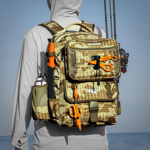 KastKing BaitSpace Fishing Tackle Backpack with Removable Bait Binder,2 Rod Holders Storage Fishing Gear and Equipment - color: D: Khaki Camo(with (4) 3600 Tackle Boxes)