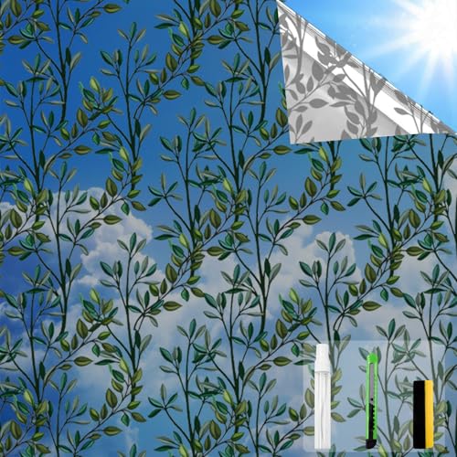 One Way Privacy Film, Window Tint for Home,Daytime Reflective, Anti UV Static Cling Sliding Door Coverings No Glue Garage Solar Paper (Black - Silver-Leaves, 17.5 x 78.7 in) - color: Black Silver-leaves, size: 17.5 in X 78.7 in
