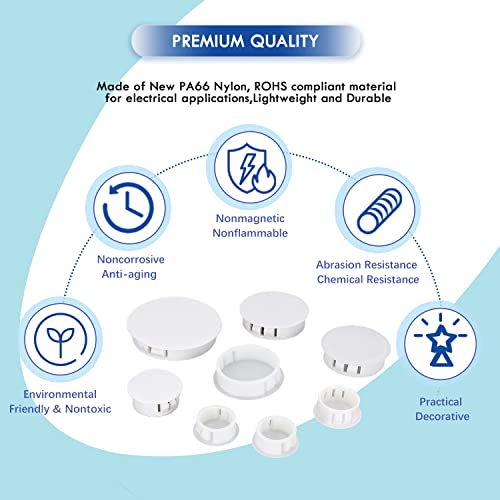 250 PCS 8 Sizes Nylon Plastic Hole Plugs White 1/4, 5/16, 3/8, 1/2, 5/8, 3/4, 7/8, 1 Inch Round Hole, Flush Type Panel Knockout Locking Plugs, Furniture Cabinet Pipe Insert End Covers Caps - size: 8 Sizes, White((1/4“-1”, 250 PCS)