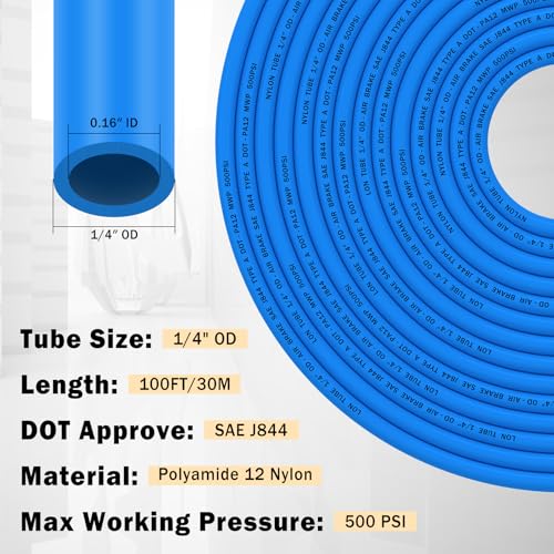 CheeMuii 100 FT 1/4" DOT Air Line with 34 Pcs Brass DOT Air Line Fittings Kit 30.5 Meter 1/4 Blue Air Lines Service Kit with Push Lock Air Fitting Air Coupler & Plug Kit - color: blue & gold, size: 1/4"100ft-37pcs