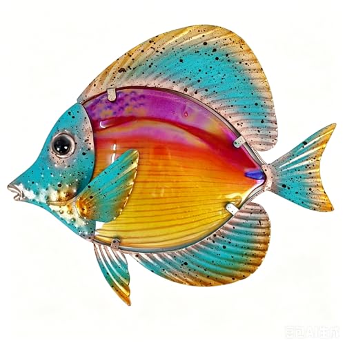 Metal Fish Wall Decor Hanging Glass Sculpture Art for Garden Yard Living Room Bedroom Patio Balcony Sea Wall Home Ocean Theme Kitchen Pool Porch, Outdoor Indoor Decorations Ocean Hanging, Orange