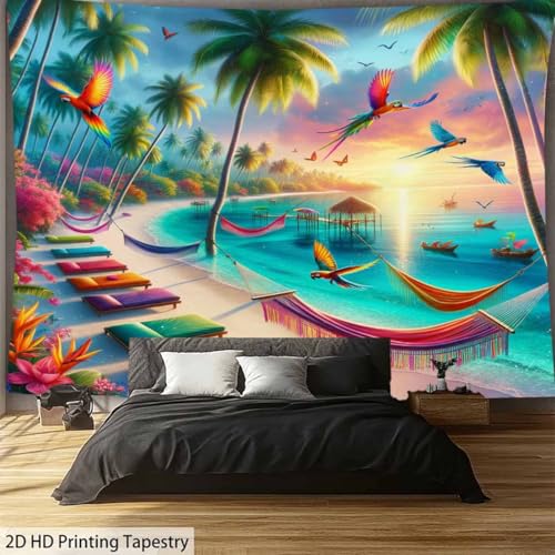 FENDROM Fantasy Colorful Ocean Beach Tapestry Wall Hanging Tropic Paradise Coconut Palm Tree Hawaiian Sea Wave Cool Seaside Sunset Waves Wall Decor For Dorm Bedroom Living Room - color: Colorful, size: 79"L x 59"W