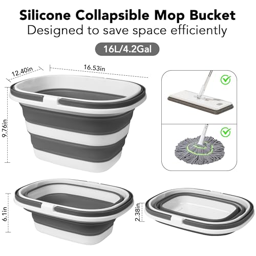 Large Collapsible Mop Bucket, 16L(4.2 Gallon) Plastic Bucket for House Cleaning, Car Washing, Silicone Cleaning Supplier Organizer, Portable Basket with Handle for Laundry Storage, RV Camping, Fishing - color: Gray
