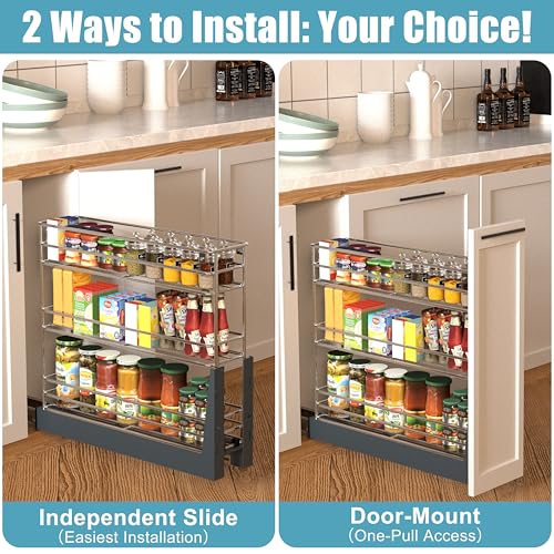 JOWBOOW 10 Inch Pull Out Cabinet Organizer (9.6" W), Fully Assembled Heavy Duty 3 Tier Slide Out Spice Rack, Door Mount Pantry Storage with Tall Guardrails, 100 LBS Capacity for Base Cabinets - size: 10"W Bottom-Mount (Min 11" Opening)