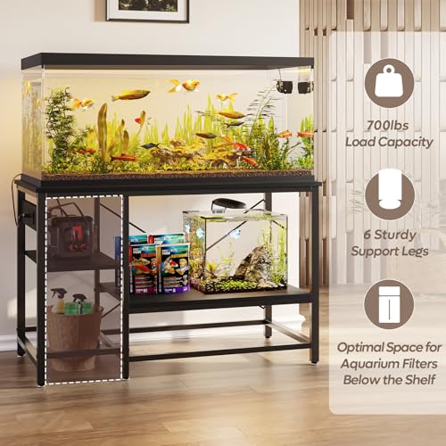Bestier 55 Gallon Fish Tank Stand with Power Outlet, 49x13 Metal Aquarium Stand with Filter Storage, 6-Leg Long Reptile Tank Stand with 3-Tier Adjustable Storage Shelves, 700LBS Capacity, Black Oak - color: Black, size: 55 Gallon