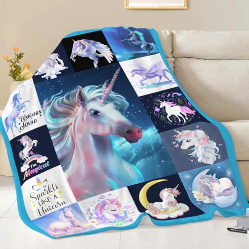 Unicorn Blanket for Girls Kids Women Adults Soft Cozy Flannel Fleece Blue Fantasy Unicorn Throw Blanket Gifts Warm Fluffy Plush Decor for Couch Sofa 50"x40" - color: Blue Unicorn, size: 50"x40"