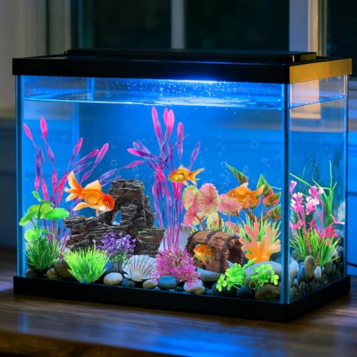 QUOZUO 15 Pcs Aquarium Artificial Plastic Plants Decorations and Resin Barrel and Coral Rock Cave Set, Fish Tank Accessories Hideout Ornaments Aquarium Decor Set