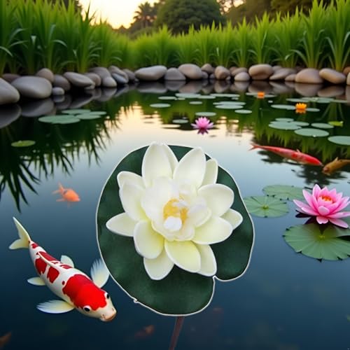 2Pcs Artificial Floating Foam Lotus Flowers White with Water Lily Pad Ornaments,for Patio Koi Pond Pool Aquarium Home Garden Wedding Party Holiday Decoration Water Gardens and Ponds