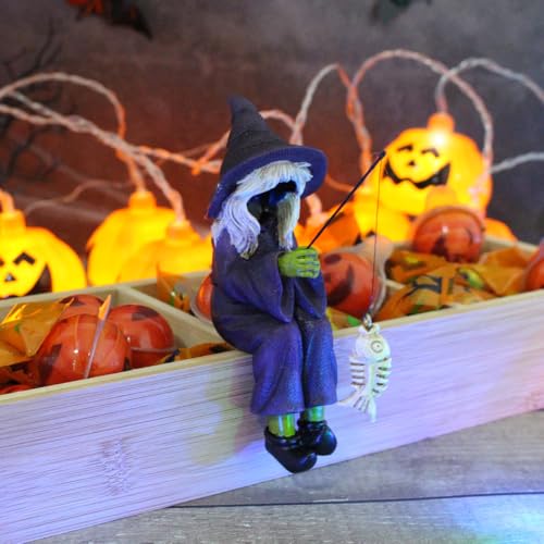 Witch Fishing Decor - Halloween Shelf Sitter Statue, Aquarium and Garden Pond Edge Ornament, Resin Gothic Figure for Water Tank Rim, Witch Hat Halloween Decorations - color: Fishing Witch