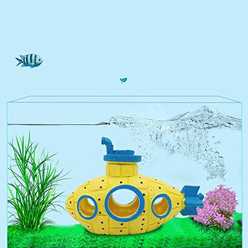 Fish Tank Decoration Craft Aquarium Ornament Pet Supplies Fish Shrimp Hiding Home Decoration Broken Submarine Design(Yellow)