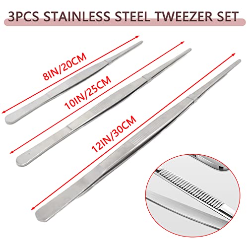 3pcs 8 10 12 Inch Stainless Steel Tweezers Tongs Kit, Extra Long Straight Tweezer, Serrated Tip Multi-Purpose Tweezers for Cooking, Crafts, Repairing, Medical, Water Plants, DIY - size: 8" 10" 12"