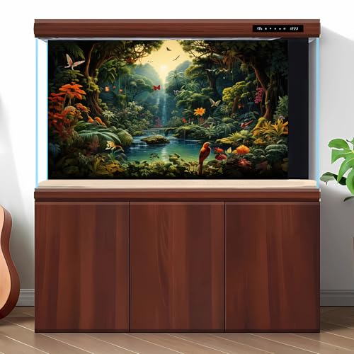 Rainforest Waterfall Aquarium Background Lush Jungle Vibrant Flowers Birds Fish Tank Background Exotic Animals Tropical Plants Reptile Tank Backgrounds Jungle View Terrarium Backgrounds 24x12in - color: Rose Red_Green, size: 24(W)x12(H)inches/ 60(W)*30cm(