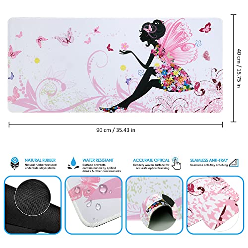 iCasso Extended Gaming Mouse Pad (35.4x15.7 in), Large 3mm Non-Slip Rubber Base Mousepad with Stitched Edges, Waterproof Keyboard Mouse Mat Desk Pad for Work, Game, Office, Home - Butterfly Girl - color: Butterfly Girl