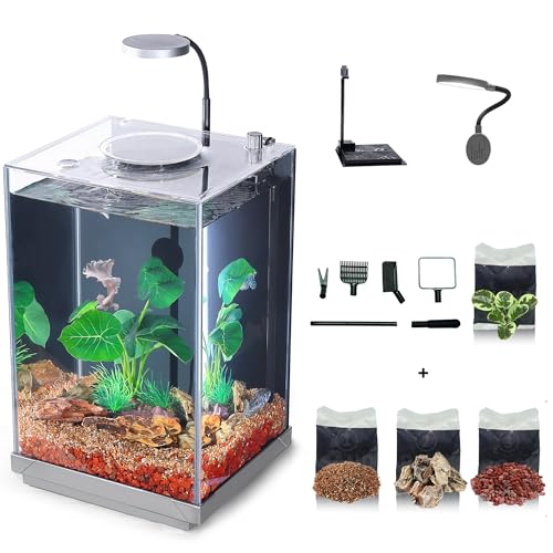 Nano Desktop Betta Aquarium 2.7 Gallon Glass Fish Tank Set, Hidden Bottom Filtration System Self Cleaning Filter Light Gravel Plant Cleaning Tool, for Small Space Easy Setup Space-Saving Design - size: 2.7 gallon