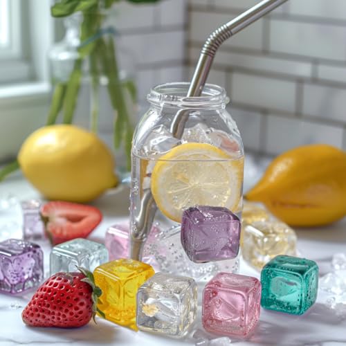 HappyFiller 76 PCS 0.7 Inch Multi Colors Fake Crystal School Counting Plastic Ice Cubes Acrylic Artificial Square Rocks for Photography Props,Food Display,Vase Filler,Table Scatters,Arts Crafts - color: Multi Colors