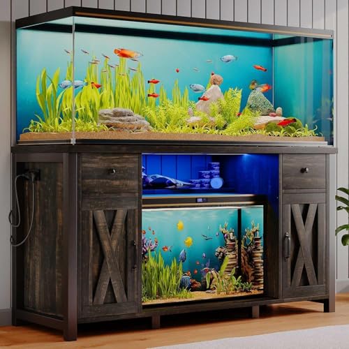 55-75 Gallon Fish Tank Stand with Power Outlet & LED Lights, Heavy Duty Aquarium Stand with Storage Drawers & Barn Doors, Reptile Tank Cabinet for Turtle, Reptile Terrarium, Dark Oak - color: Dark Oak
