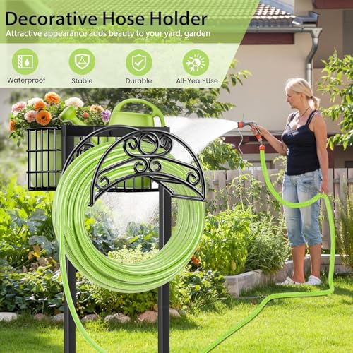 TomCare Garden Hose Holder Upgraded Water Hose Holder Heavy Duty 4 Spikes Hose Hanger Holds 160 Feet Hoses Stable Freestanding Hose Storage Organizer for Outside Yard - color: All Black