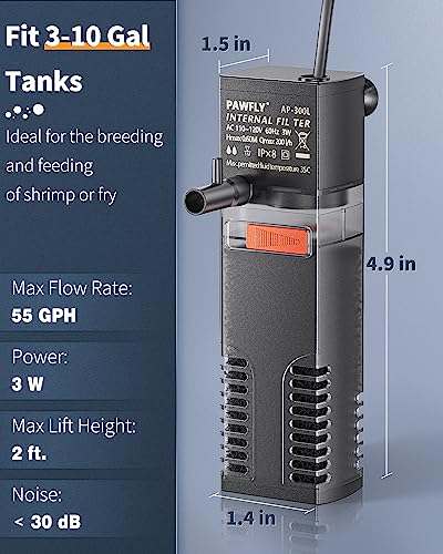 Pawfly Internal Aquarium Filter, Submersible Power Filter with 55 GPH Water Pump for 3 to 10 Gallon Fish Tanks Filtration Circulation and Oxygenation - size: 3-10 Gal