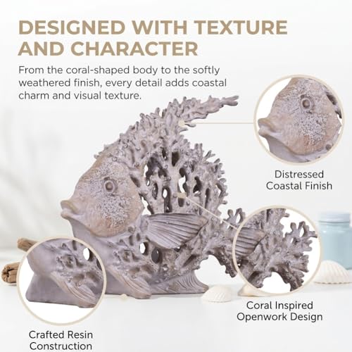 9.84'' Ocean Coral Fish Sculpture - Resin Coastal Fish Figurine with Coral Backdrop, Ocean Blue & Sandy Beige Finish - Nautical Tabletop Accent for Living Room, Beach House & Bathroom Decor - color: Antique White, size: Large