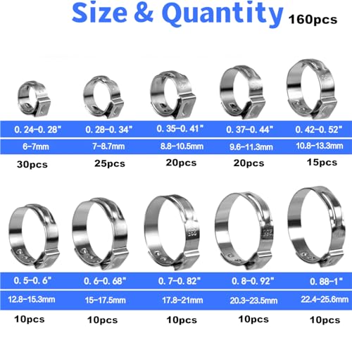 LAZIRO 160Pcs (6mm-25.6mm)1/4""-1""Single Ear Hose Clamp Hose Crimp Clamps Ear Crimp Rings Ear Stepless Hose Clamp Pinch Clamps for Hose Pipe Clamp Tools (Single Ear Hose Clamps Kit), Silver - size: 1/4inch-1inch