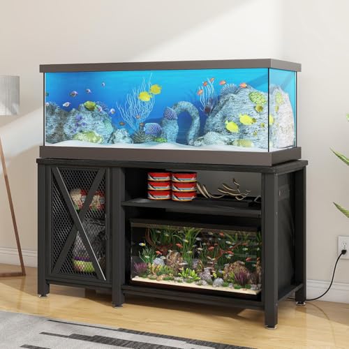 YITAHOME Heavy Duty 55-75 Gallon Aquarium Stand with Power Outlets, Cabinet for Accessories Storage - Metal Fish Tank Stand Suitable for Fish, Turtle Tank, 880LBS Capacity, Black - color: Black, size: 55-75 Gallon