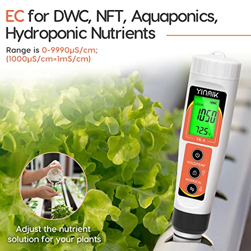 YINMIK PH Meter, Digital 4 in 1 PH EC TDS Temp Meter for Water Hydroponics, Waterproof DWC PH and EC PPM Water Tester with Backlit for Nutrients Growing, Indoor Garden, Home Brewing, Pool, Aquarium - color: Orange pH meter
