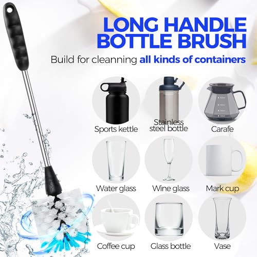 Holikme Bottle Brush Cleaner Set, 14" Long Handle Stainless Steel Bottle Cleaner Brush, 3 Straw Cleaner Brush, Bottle Cleaning Brush for Water Bottle, Cups, Abrasive Flat End Brushes, Straws White - color: White
