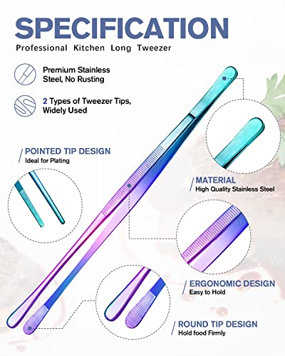4 Pcs Fine Long Tweezer Tongs Professional Rainbow, 12'' and 10'' Stainless Steel for Kitchen, Food, Cooking, Repairing, Sea food and BBQ - color: Rainbow