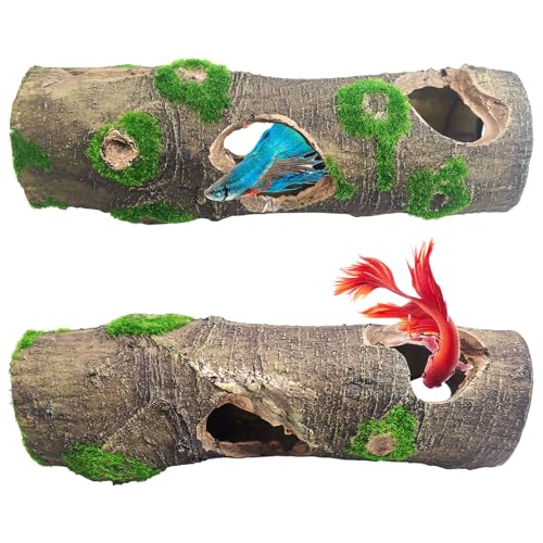 Hamiledyi 2 PCS Small Tree Trunk Aquarium Fish Tank Ornament, Betta Fish Hideout Caves, Resin Moss Tree Trunk Aquarium Decoration with Holes and Caves