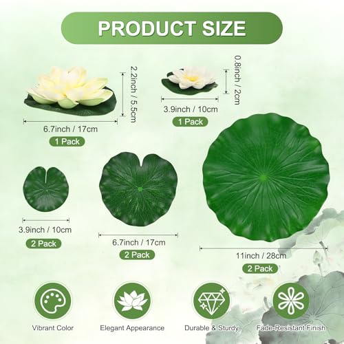M METERXITY 1-Set Artificial Floating Foam Lotus Flower with Water Lily Pad, 4/7/11 Inch Fake Lotus Flowers Water Lilies for Pool/Fountain/Garden Decor, Pond Plants Ornaments [Cream White] - color: Cream White, size: 6.7/3.9 Inch