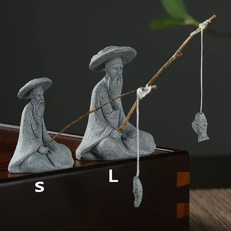 livelyfish Mini Fisherman Statue Asian Zen Decoration Sitting Fishing Figurines Sandstone Vintage Ornament for Aquarium Fish Tank Pot Garden Home Japanese Decor (B2) - color: B2