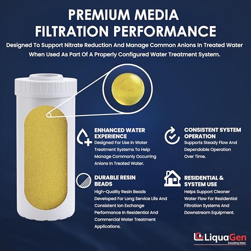 LiquaGen Nitrate Reduction Water Filter Cartridge – Strong Base Anion Resin, Reusable & Refillable, Universal 2.5x10, 2.5x20, 4.5x10, 4.5x20 – Whole House & Aquarium RO/DI (2, 4.5" x 10") - size: 4.5" x 10"