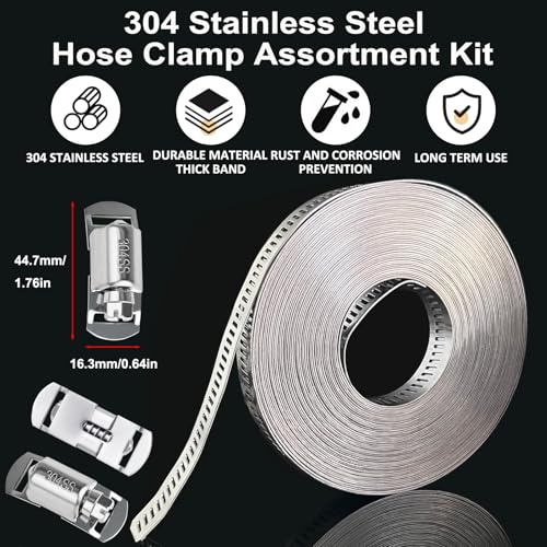 Hose Clamps Stainless Steel, Hose Clamp Assortment Kit, 32.81FT DIY Large Adjustable Worm Gear Metal Clamps Fuel Line Clamp with 40 Fasteners for Plumbing, Water Pipe, Radiator, Automotive, Mechanical - size: 2-Set 32.81FT Metal Strap+40 Fasteners