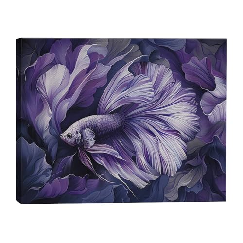 HomeGiftCentral Betta Fish Purple Dark Design 3 Canvas Wall Art Picture Prints Artwork Framed For Living Room Wall Home Decor Gifts For Family Art Easy Hanging - color: Design 3, size: Small(10x8in)