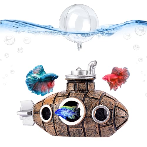 Floating Fish Tank Decoration, Little Cute Retro Submarine Aquarium Decoration with Two Float Balls, Resinous Fish Tank Accessorie, Safe Fish Toy for Betta Cichlid Goldfish Shrimps Hermit Crabs - size: 4.9'' Floating submarine