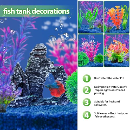 CousDUoBe 13Pcs Aquarium Plants Cave Rock Decor Set& Fish Tank Artificial PlasticPlants,Fish Tank Accessories Small Large Aquarium Decorations Kit