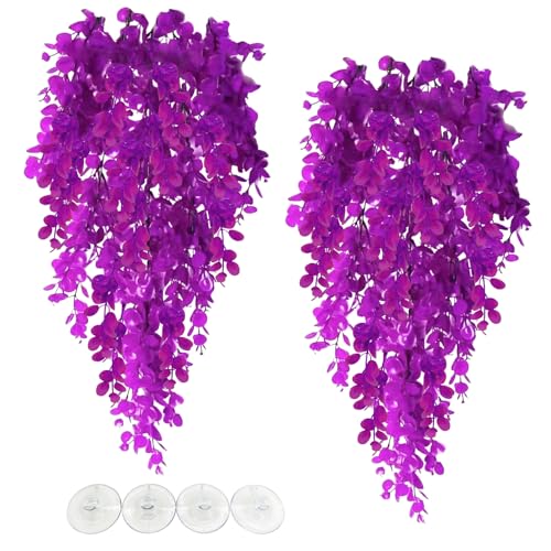 Hamiledyi Fake Reptile Plants 2 Pack Hanging Fake Plants, Plants for Reptiles with Suction Cup, Fake Amphibian Plants for Bearded Dragon Lizard Geckos Chameleon Tank (Red Lotus) - color: Red Lotus, size: 2 PCS