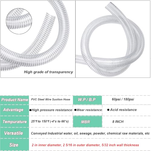 Suction Hose 2"ID x 10ft Reinforced Tubing PVC Clear Wire Vinyl Tubing,Heavy Duty Spiral Steel Flexible Hose,Dust Collection Boat Marine Pump, Drain - size: 2"ID, style: 10 feet