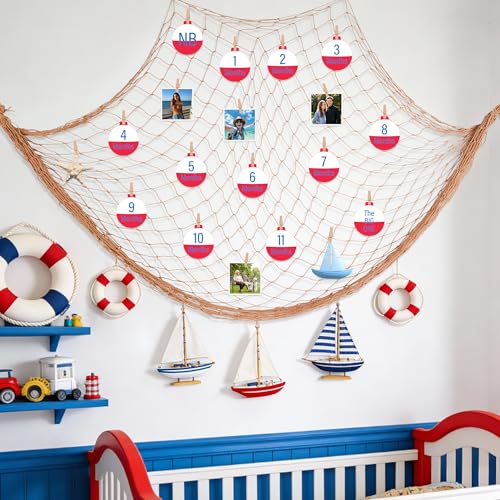 60x60 Inch Fishing Net Decor with Wooden Clips, Fishing Photo Banner The Big One Fishing Birthday Decoration Beige Natural Cotton Large Decor for Pirate Under The Sea Nautical Mermaid Themed Party