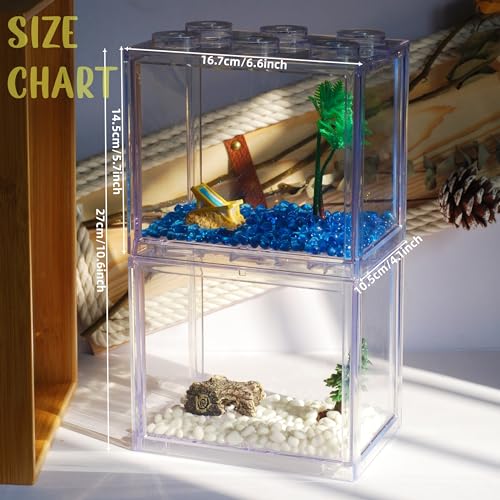 2 Pack Sea Monkey Fish Tank, Mini Betta Fish Tank Stackable Aquarium Tank Kit with Aquarium Gravel & Micro Landscape, 0.6 Gallon Acrylic Fish Bowl Tiny Shrimp Tank for Baby Fish Crab Moss Ball - color: Clear