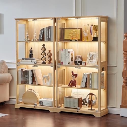 LELELINKY Farmhouse Glass Display Cabinet Set of 2 with Doors, Wooden Curio Cabinet for Collectibles with 3-Color LED Motion-Sensor Light & Reinforced Base, Natural - color: Natural, size: Set of 2