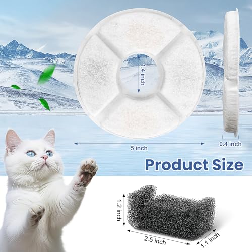 12 Pack Cat Water Fountain Filter, 8 Pcs Cat Fountain Filters Replacement Dia is 5" & 4 Pcs Pre-Filter Sponges for 81oz / 2.4L Round Automatic Pet Water Fountain Dog Dispenser, 3-Filtration System